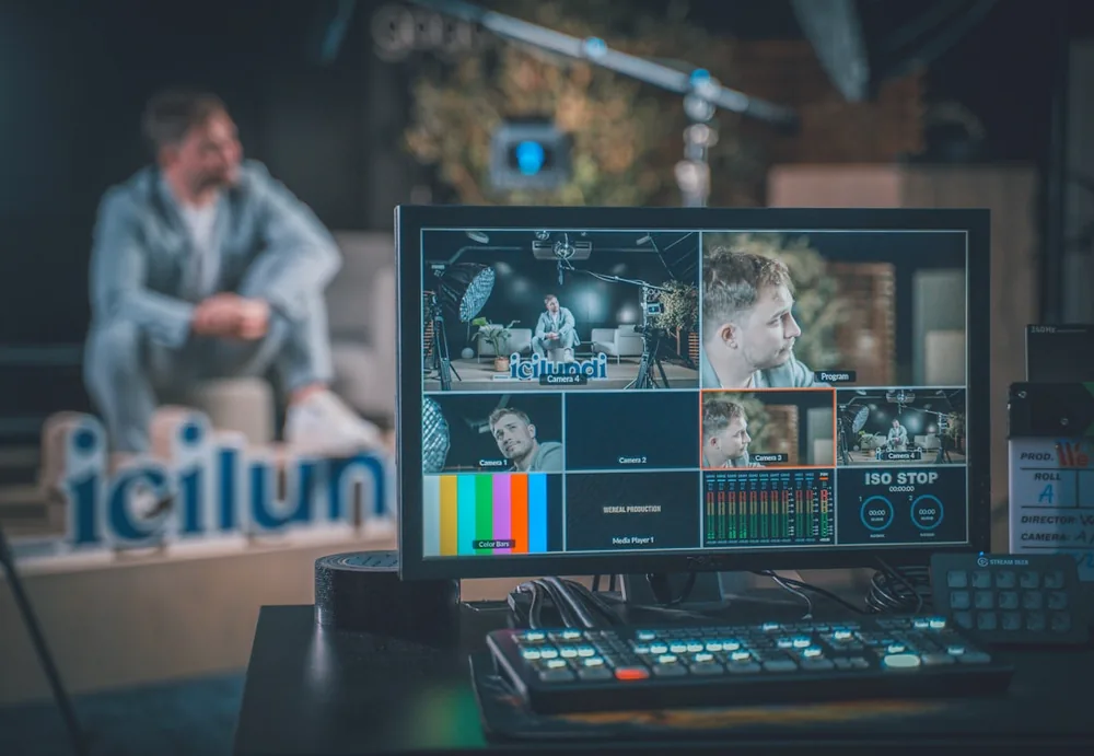 Kontrolní monitor s náhledy několika studiových kamer